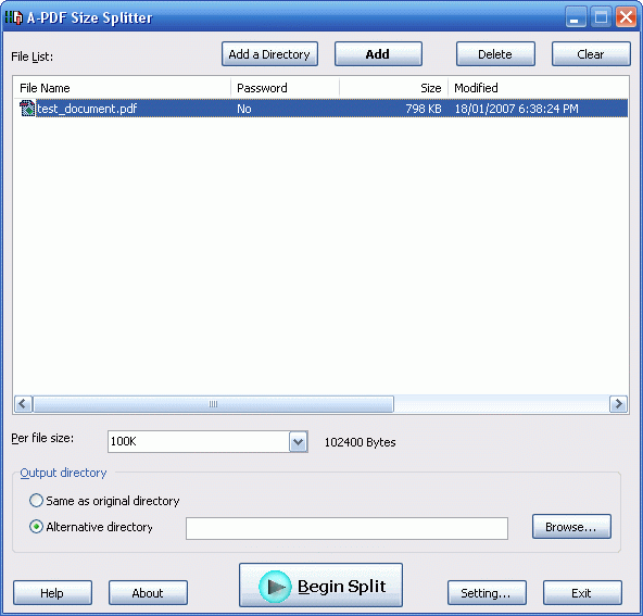 A-PDF Size Splitter Screenshot